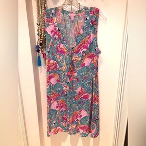 Lilly Pulitzer Essie Peel And Eat Flamingo Print Sleeveless Dress Size L